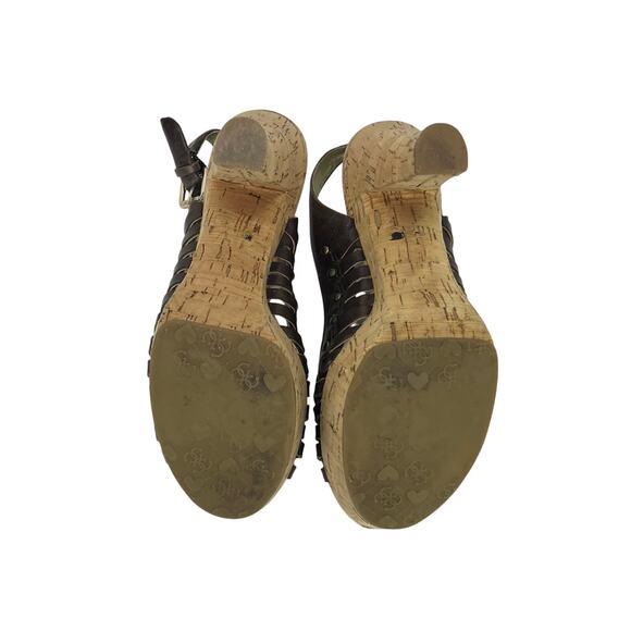 Guess Jarrett Brown Strappy Leather Cork Platform Chunky Heels - Picture 6 of 6